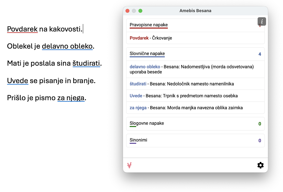 Prikaz delovanja avtomatske lektorice Besana v Wordu za macOS