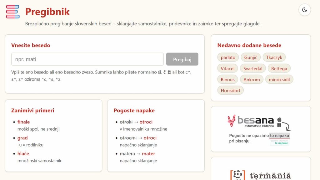 Začetni ekran spletne strani Pregibnika