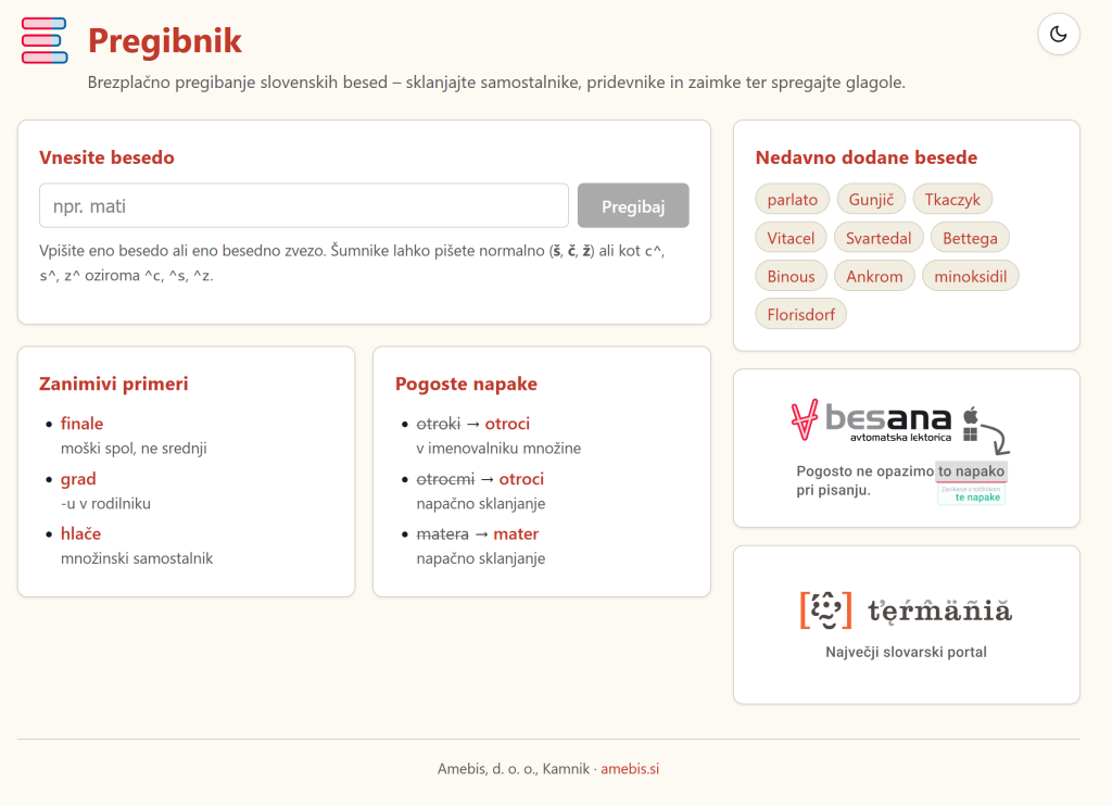 Začetni ekran spletne strani Pregibnika